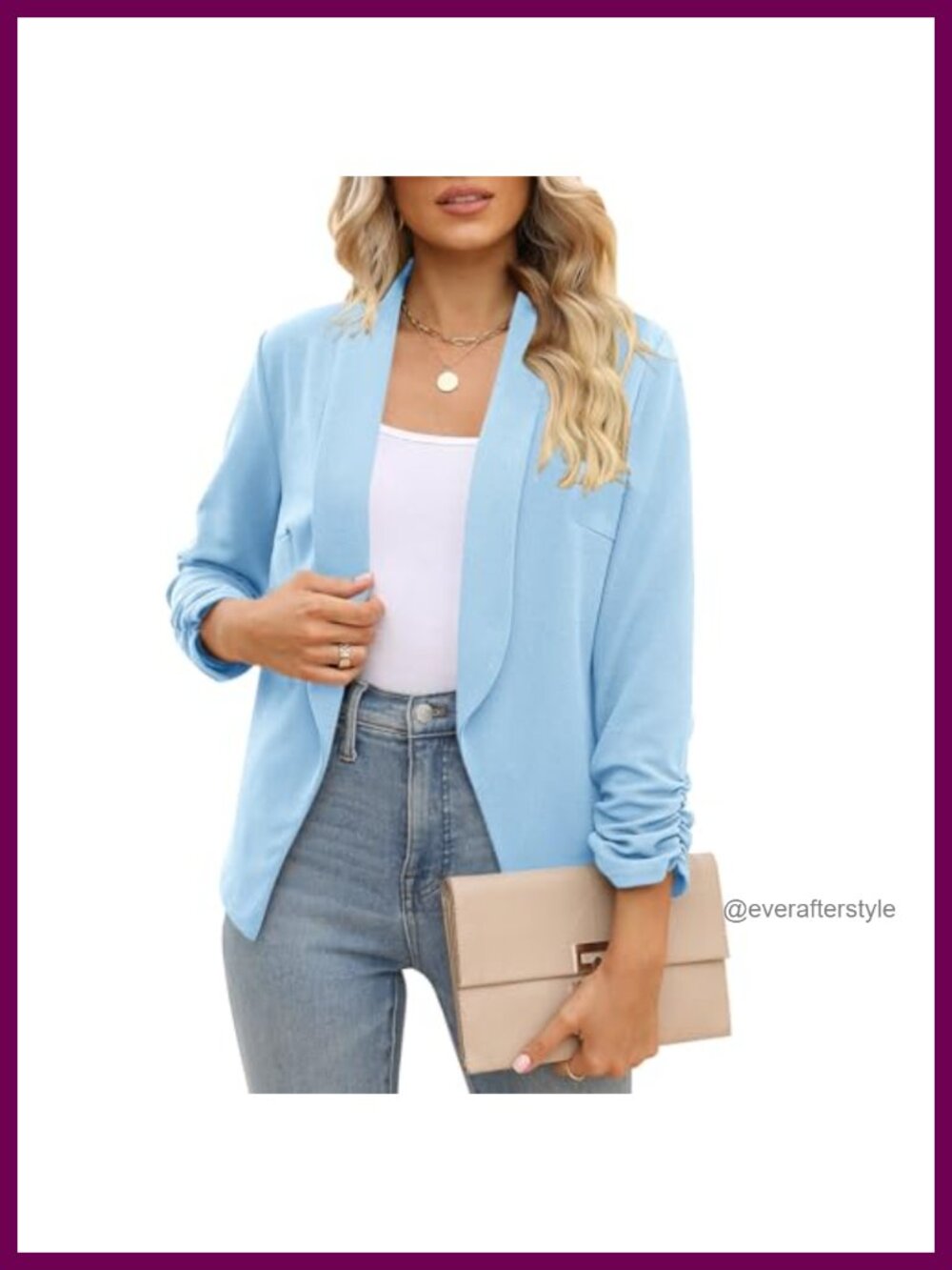 POGTMM Women's Blazer Business Casual Open Front 3/4 Ruched Sleeve Work Office